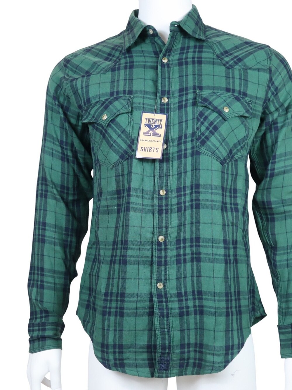 Vintage Wrangler Twenty X Pearl Snap Shirt Long Sleeve Green Plaid Men's Large